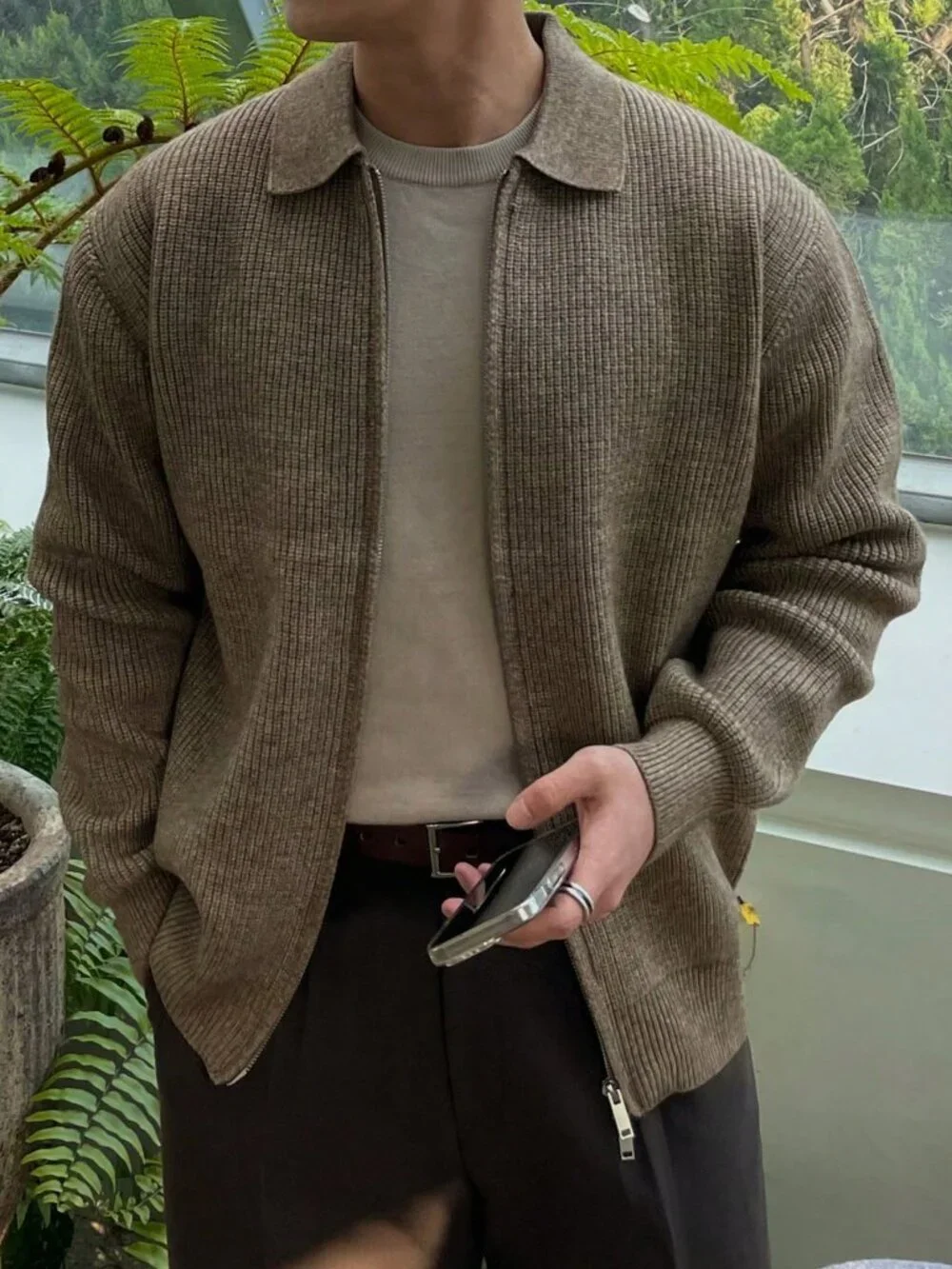 Coffee Brown Casual Men's Cardigan Sweater With Turndown Collar